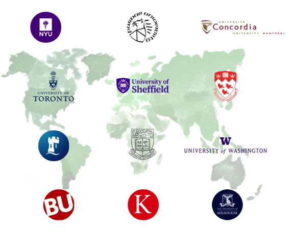 Map with various university logos and names placed on different continents.